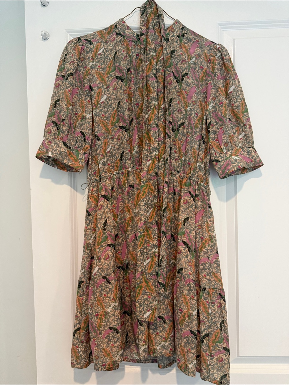 ba&sh Pink Multi Floral Tie-Neck Midi Dress